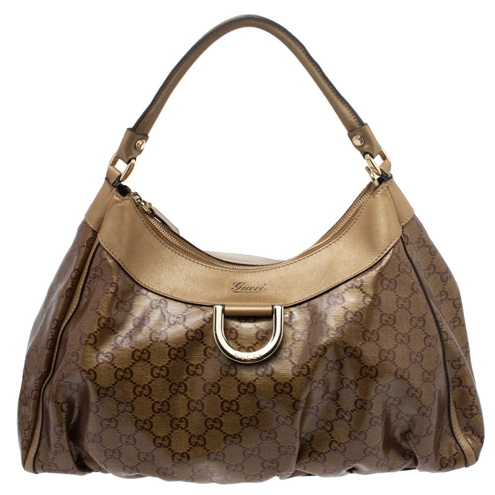 Pre Owned Gucci Gold GG Crystal Canvas and Leather D Ring Hobo