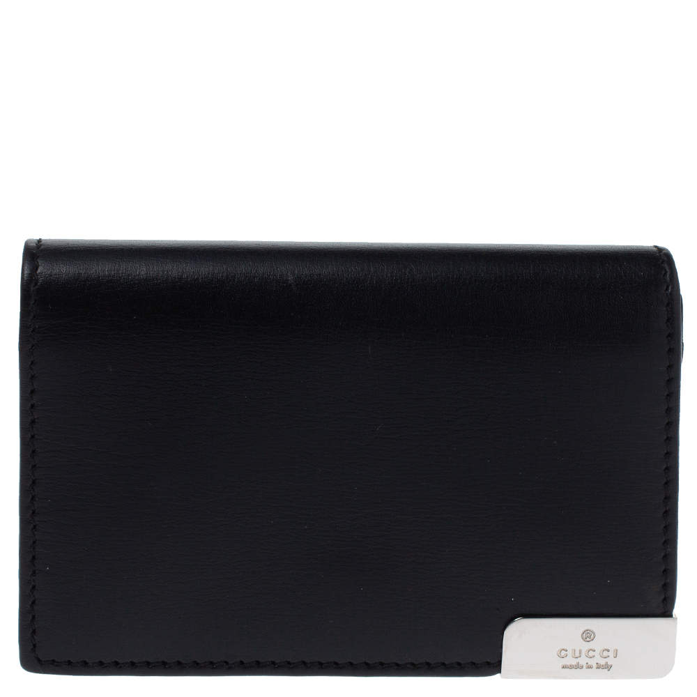 Pre Owned Gucci Black Leather Logo Plague Flap Card Holder