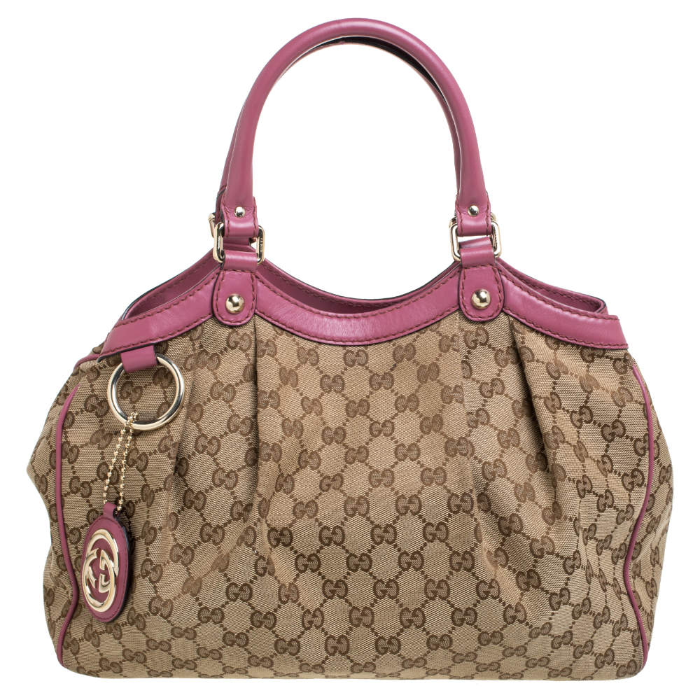 مملوكة مسبقًا Gucci Beige/Pink GG Canvas and Leather Medium Sukey Tote