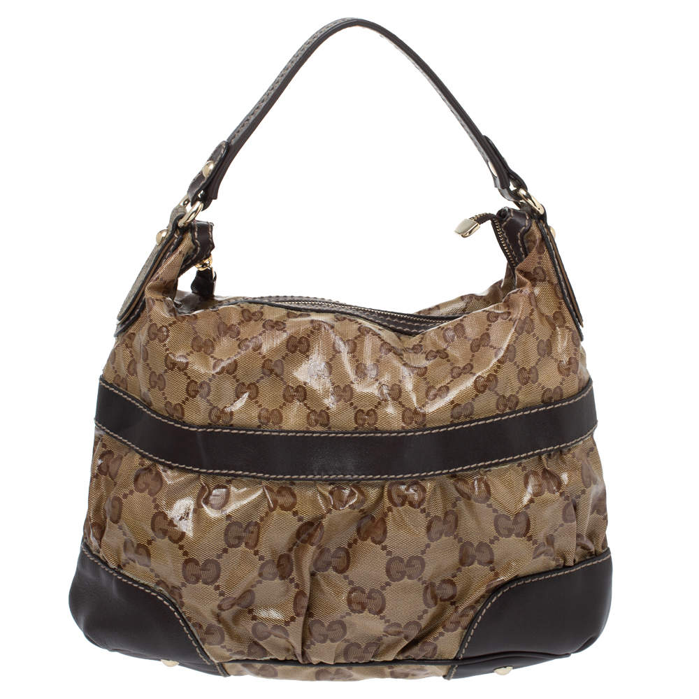 Pre Owned حقيبة غوتشي ميكس كانفاس مقوى كريستال جي جي بني وبيج وجلد