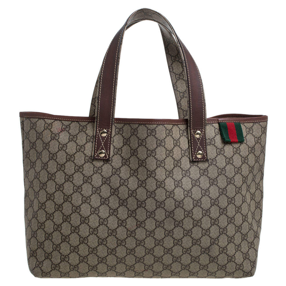 Pre Owned Gucci Beige GG Supreme Canvas and Leather Sherry Line Tote