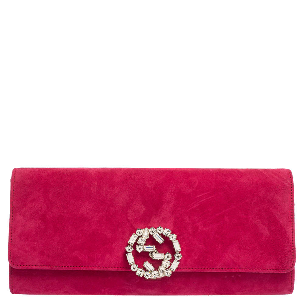 Pre Owned حقيبة كلتش غوتشي قفل كريستال جي جي برودواي سويدي وردية