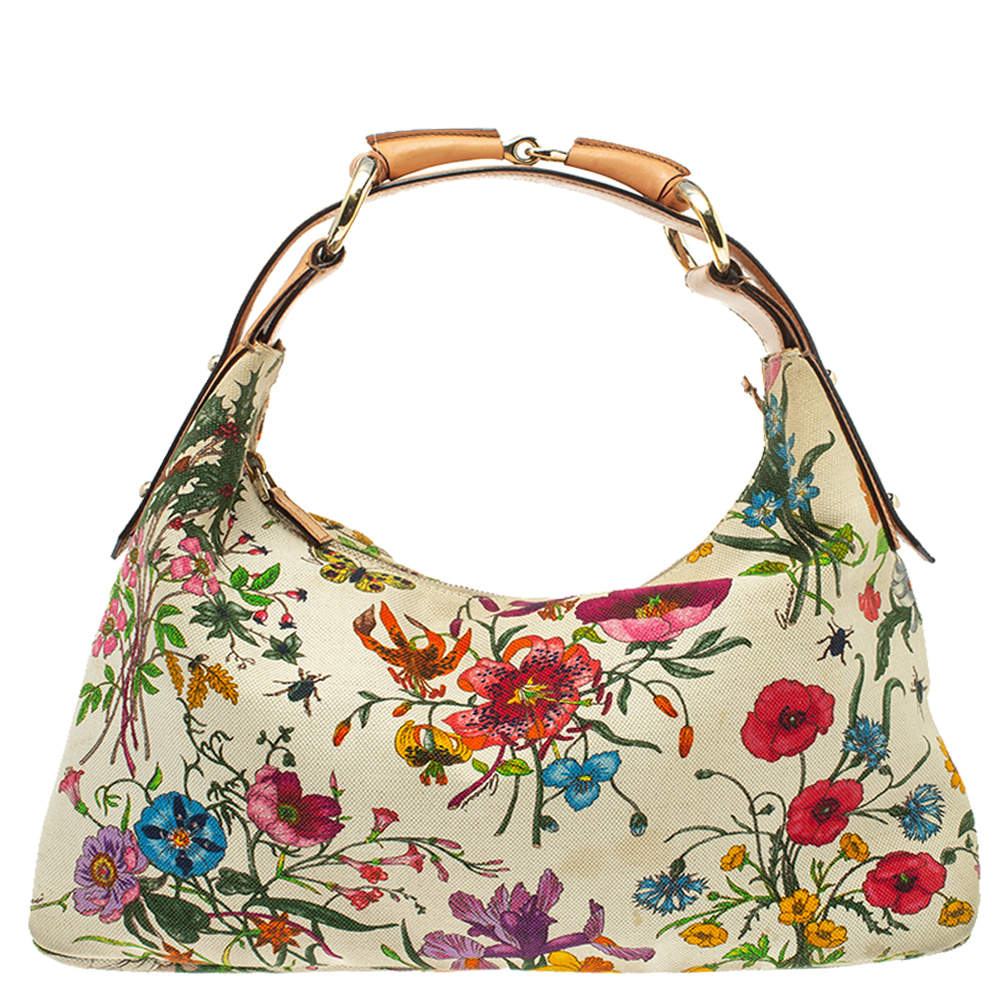 Gucci Multicolor Floral Print Canvas and Leather Horsebit Hobo