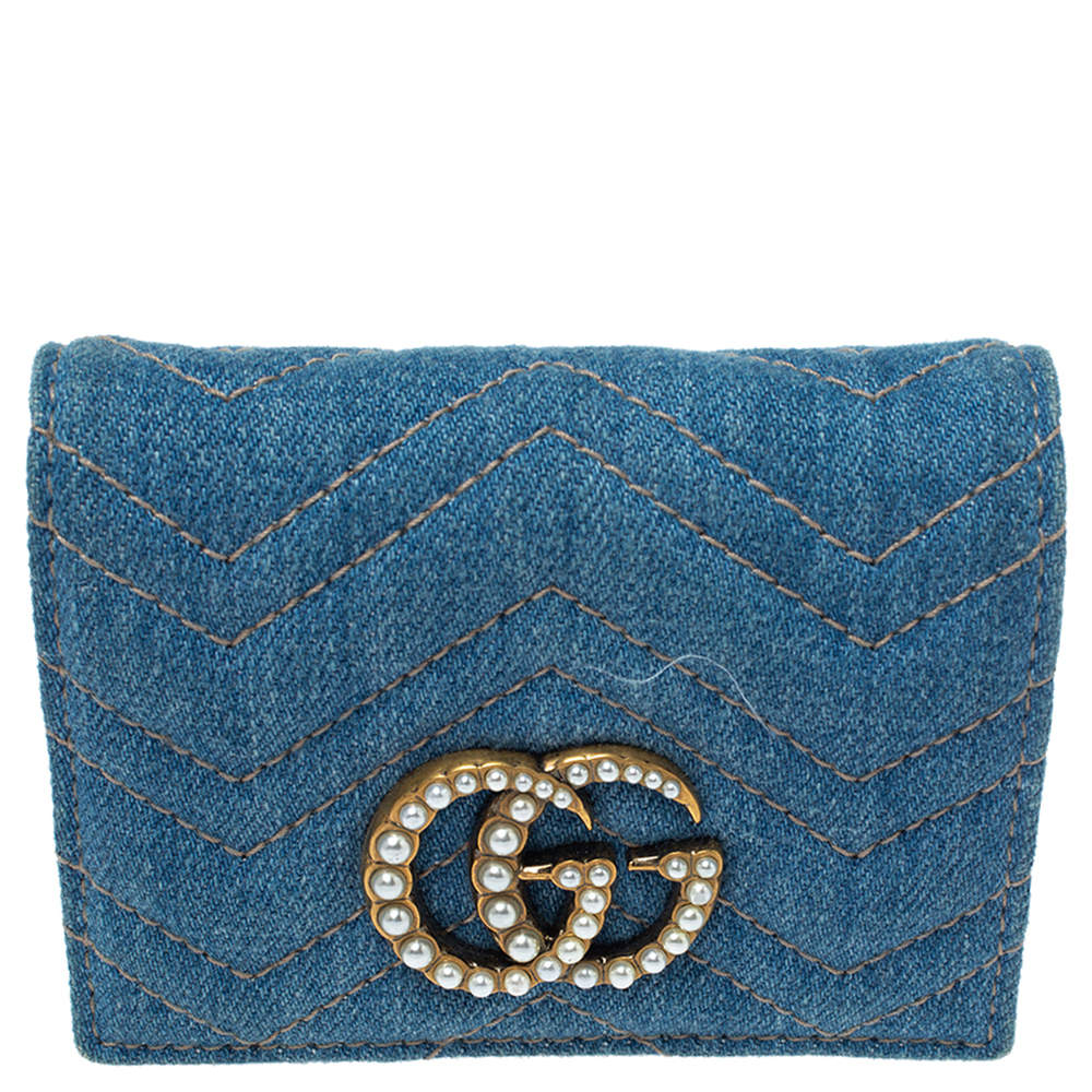 Gucci Blue Marmont GG Denim Limited Edition Pearl Flap Wallet