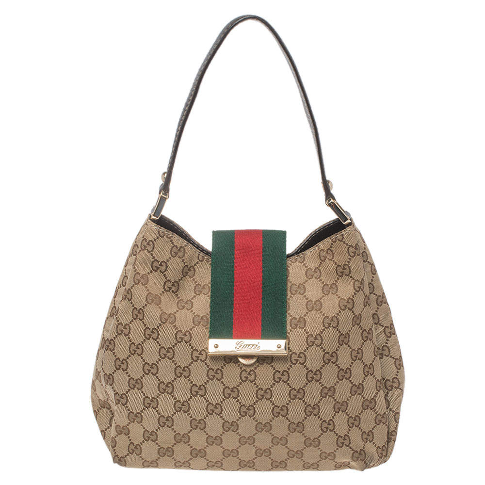 مملوكة مسبقًا حقيبة هوبو غوتشي "نيو ليديز" ويب جلد و كانفاس جي جي بني و بيج