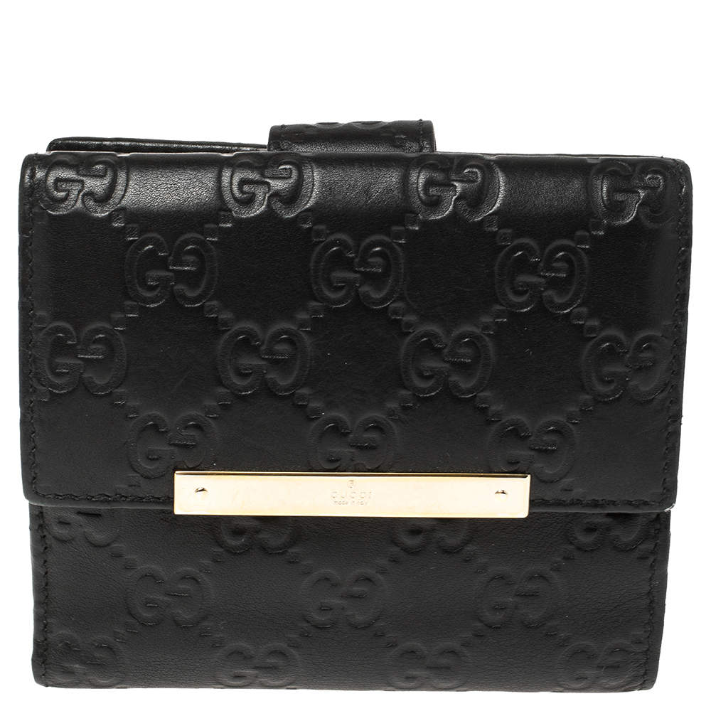 Pre Owned Gucci Black Guccissima Leather French Flap Wallet