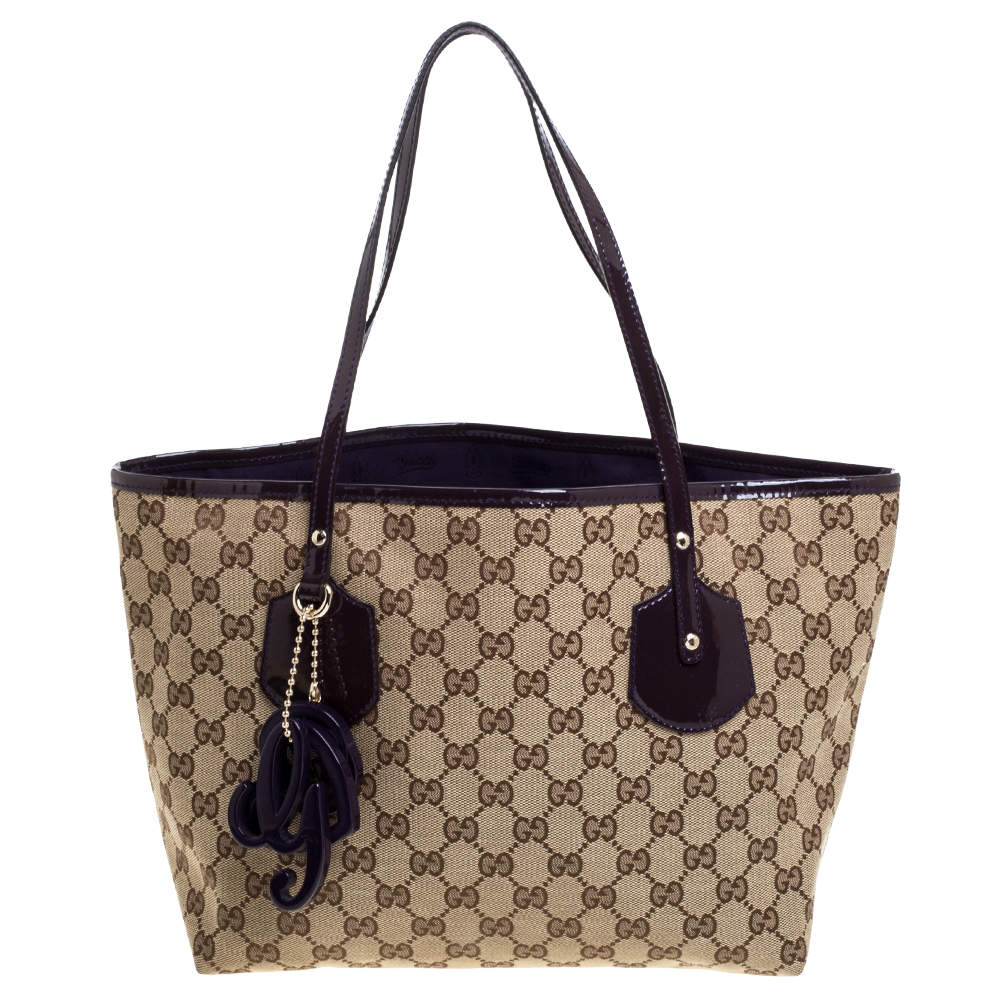 Pre Owned Gucci Beige GG Canvas and Patent Leather Medium Jolie Charm Tote 