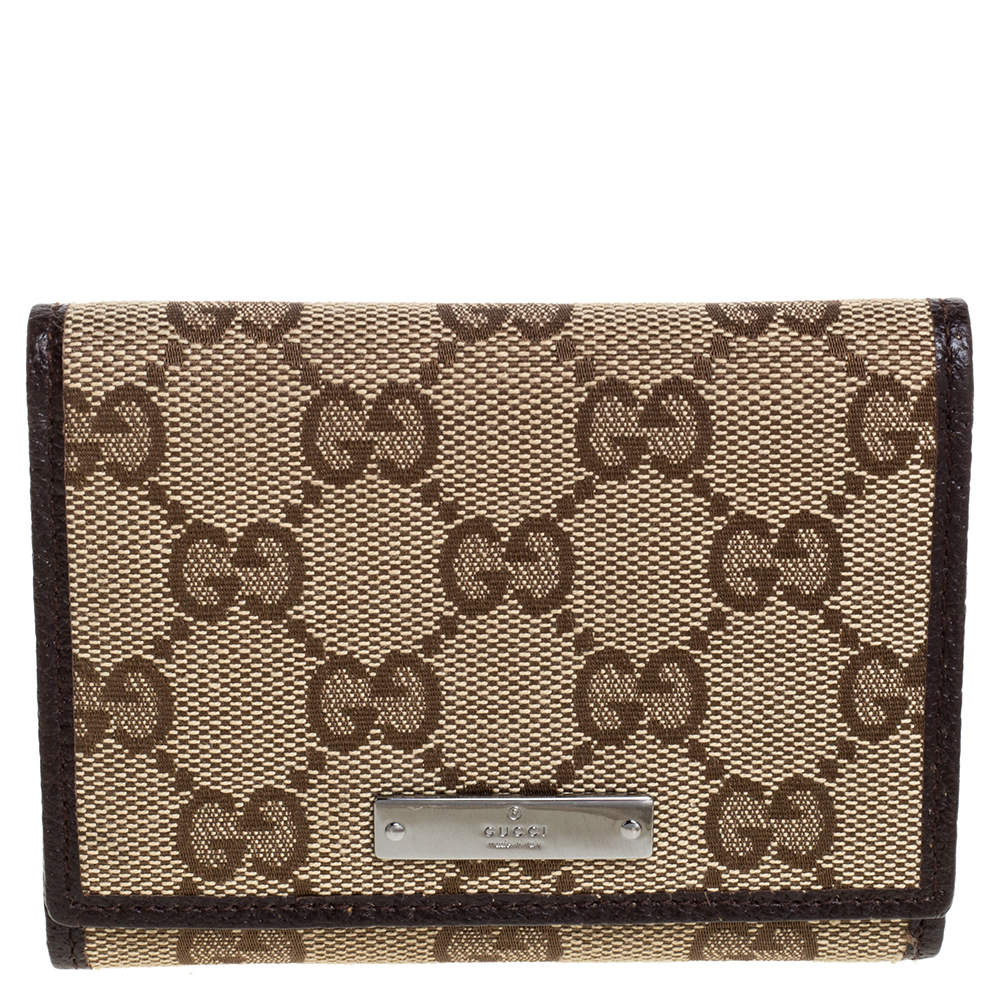 Pre Owned Gucci Beige/Brown GG Canvas and Leather Flap Card Holder