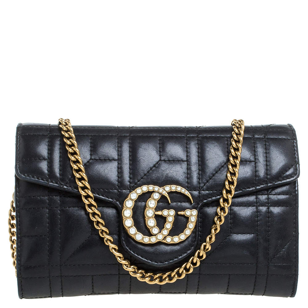Pre Owned Gucci Black Matelasse Leather Mini GG Marmont Pearly Shoulder Bag