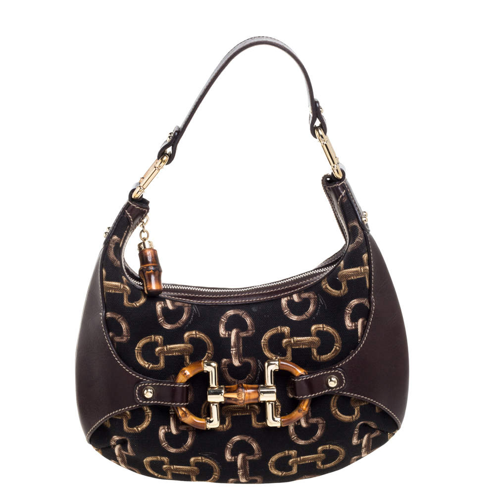 Pre Owned Gucci Brown/Black Printed Canvas and Leather Amalfi Horsebit Hobo