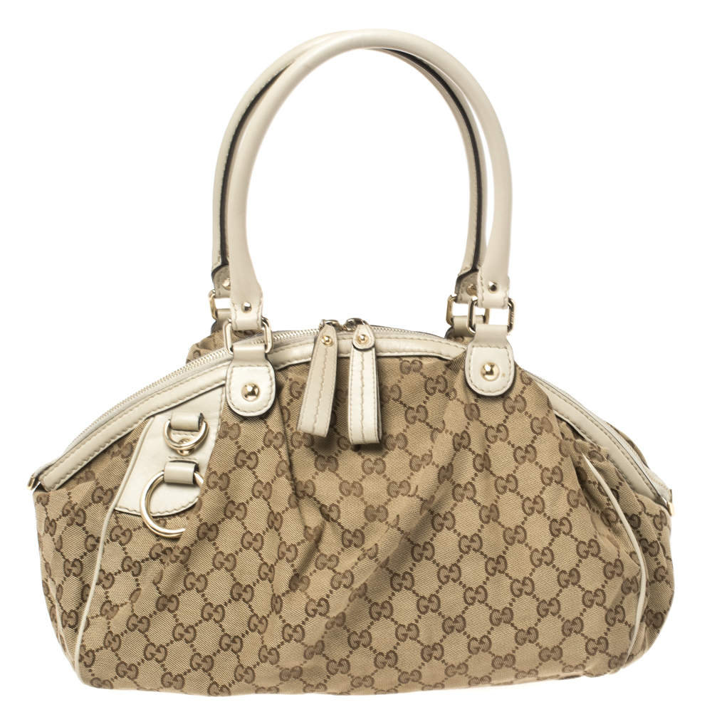 مملوكة مسبقًا Gucci Beige/Cream GG Canvas and Leather Medium Sukey Hobo