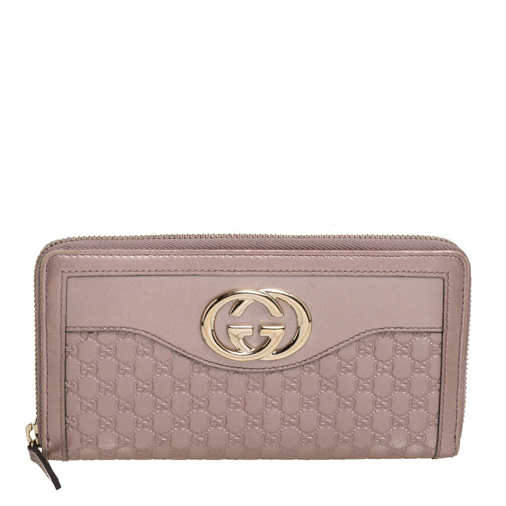 مملوكة مسبقًا Gucci Metallic Pink Guccissima Leather Interlocking G Zip Around Wallet   