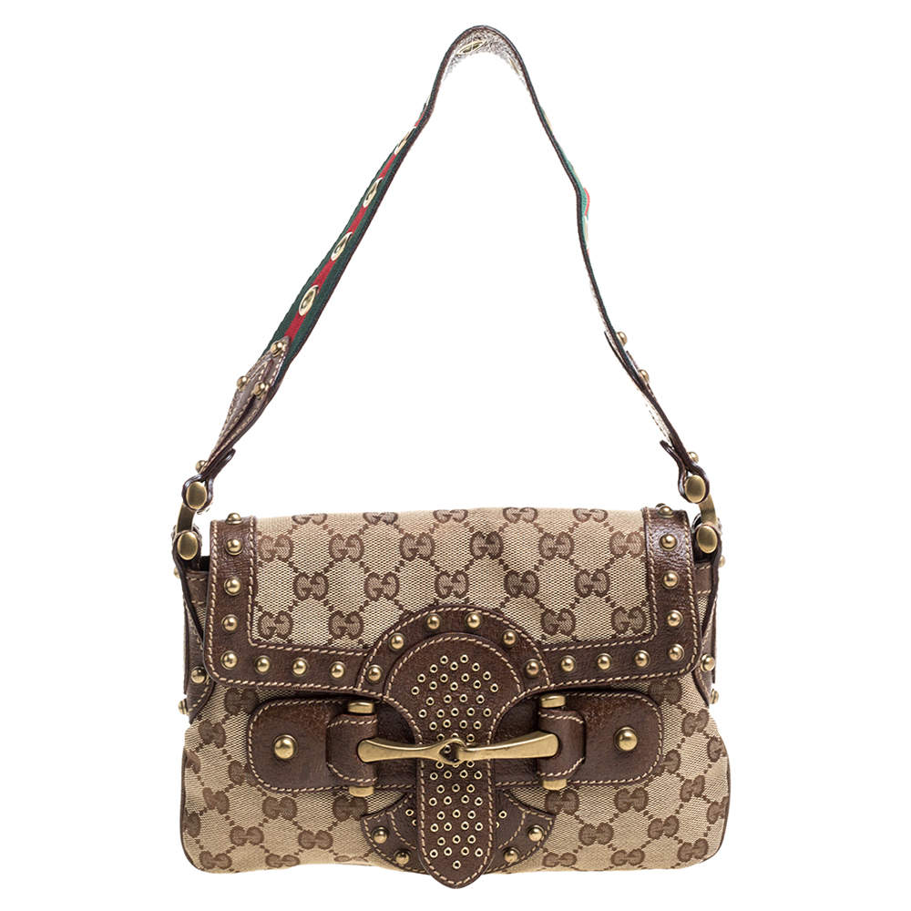 Pre Owned Gucci Brown/Beige GG Canvas Studded Pelham Runway Flap Bag