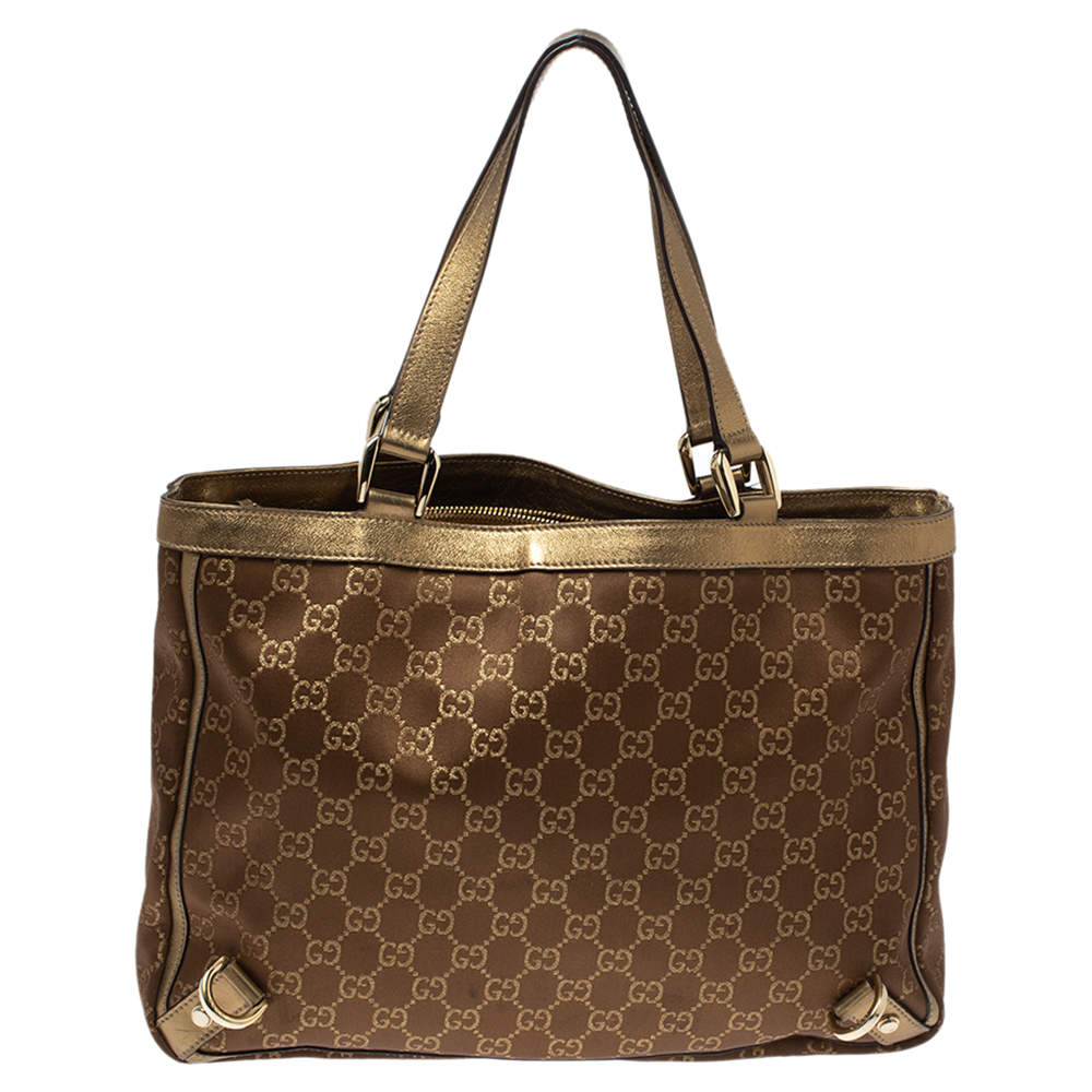 Pre Owned Gucci Metallic Bronze GG Canvas and Leather Medium Abbey Tote