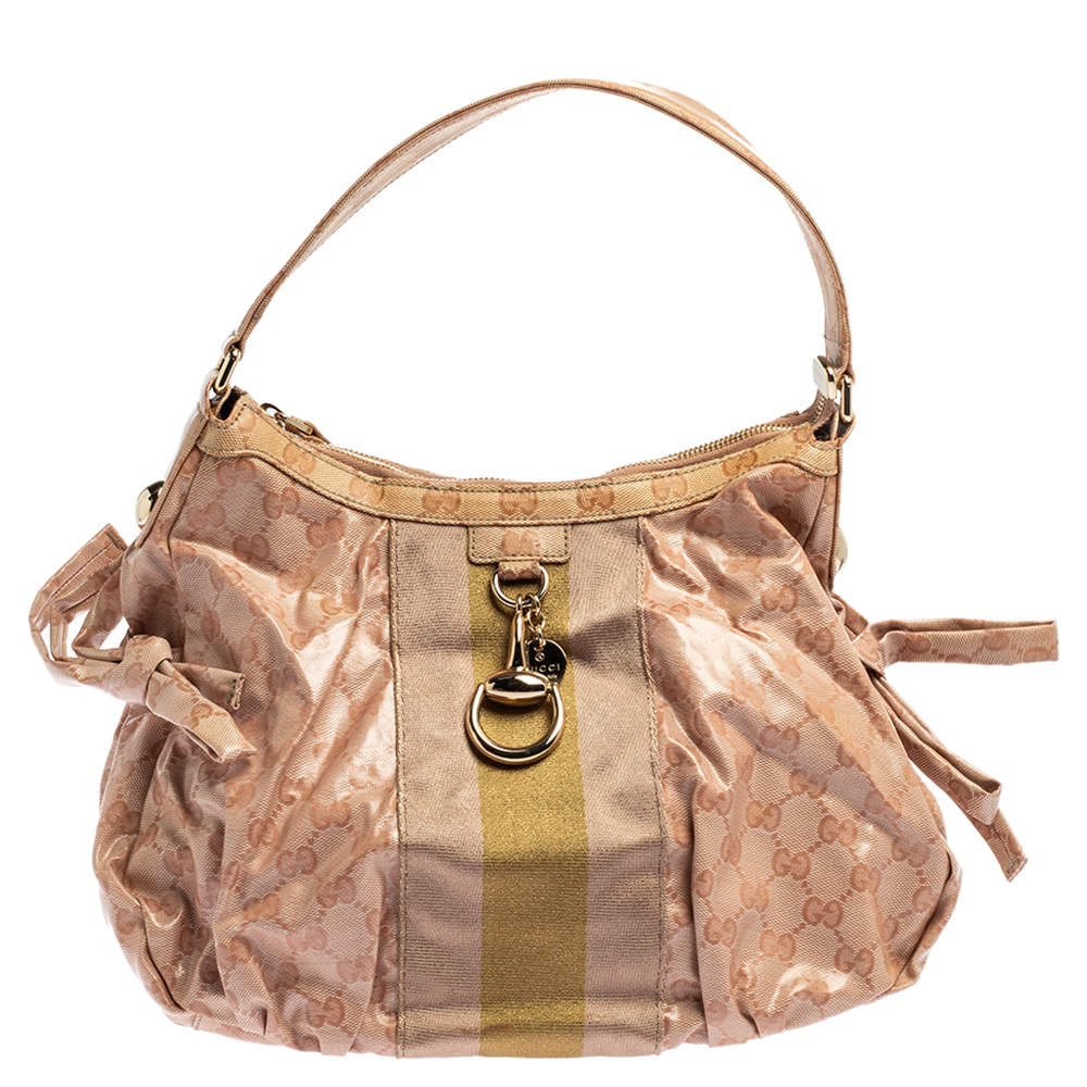 Pre Owned Gucci Blush Pink GG Crystal Canvas Web Stripe Hobo