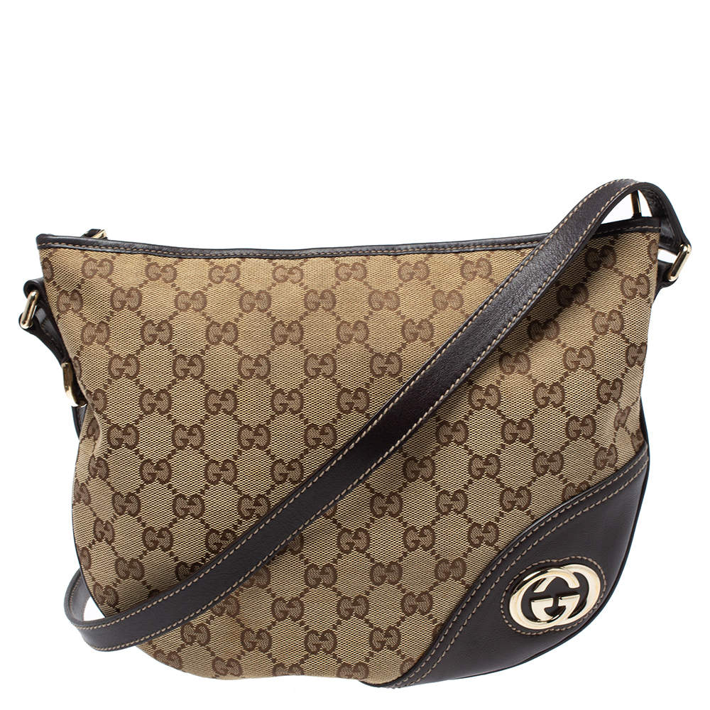 Pre Owned Gucci Dark Brown/Beige GG Canvas and Leather Britt Messenger Bag