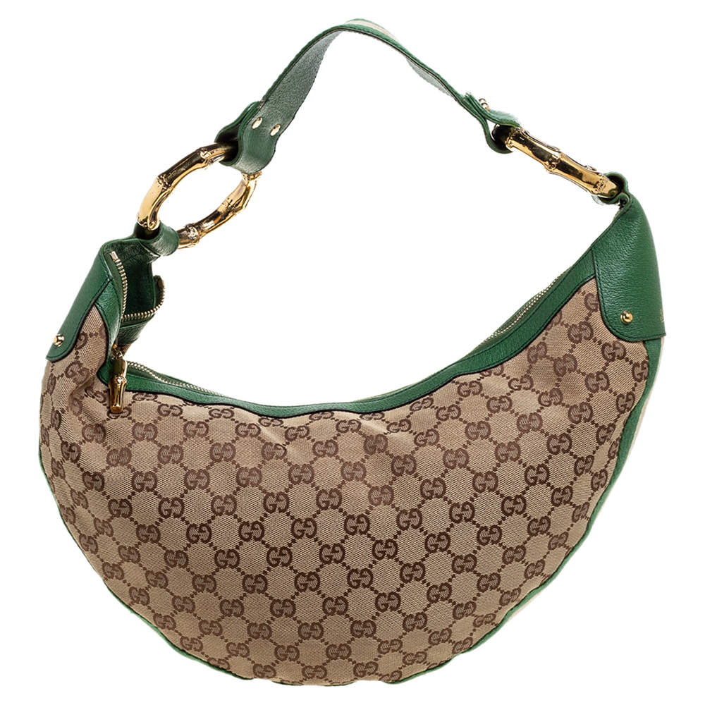 Pre Owned Gucci Beige/Green Canvas and Leather Bamboo Ring Hobo
