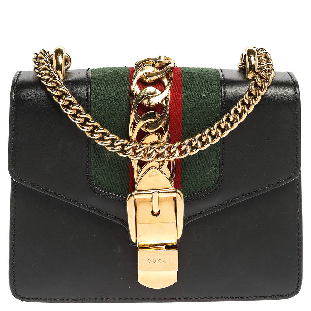 Gucci Black Leather Mini Web Chain Sylvie Shoulder Bag