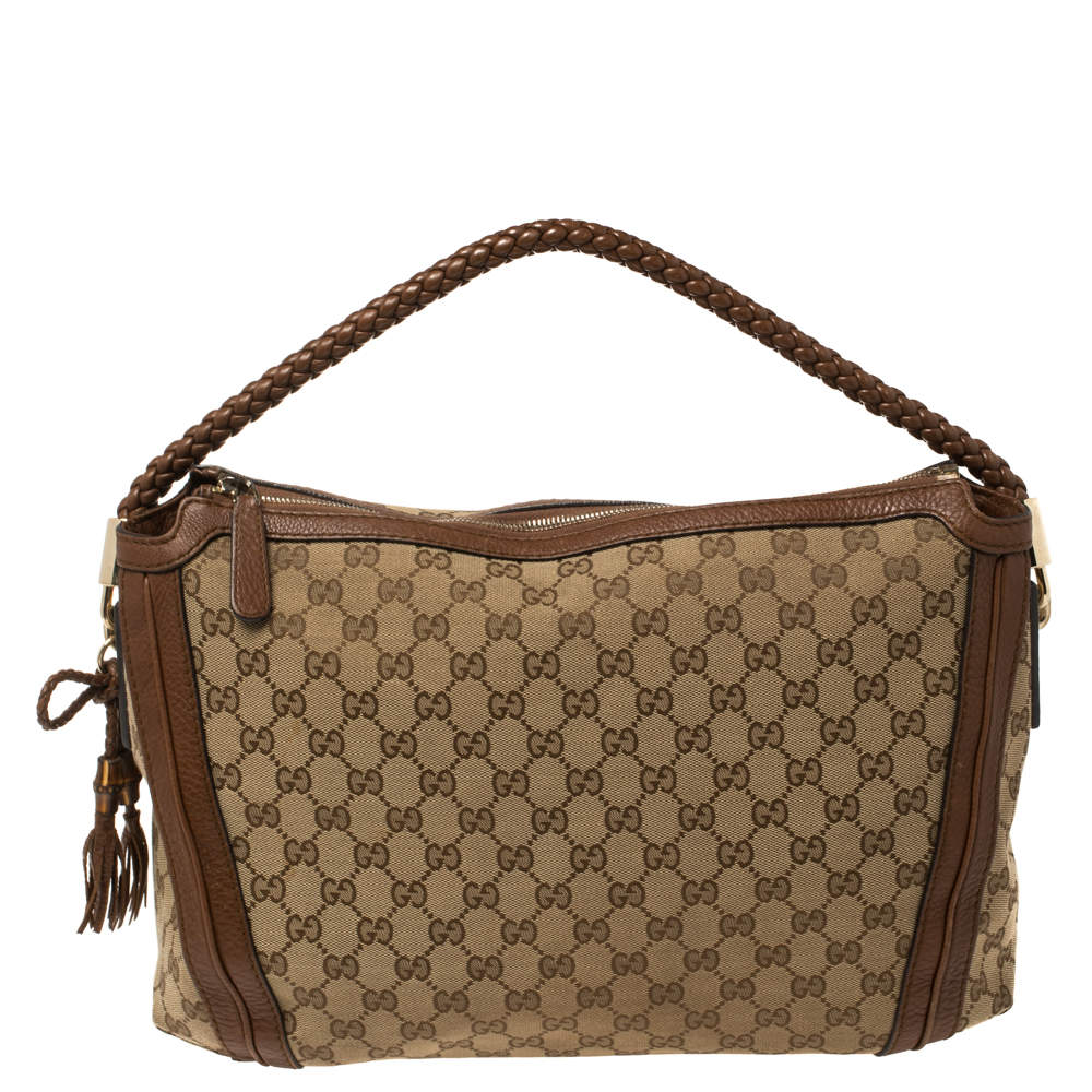 Pre Owned Gucci Brown/Beige GG Canvas and Leather Medium Bella Hobo