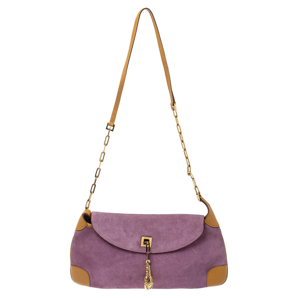 Pre Owned Gucci Purple/Tan Suede and Leather Tiger Charm Shoulder Bag