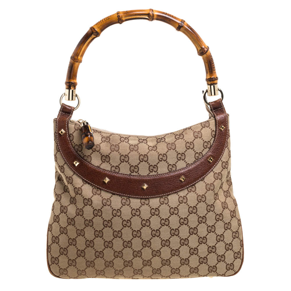 Pre Owned Gucci Beige/Ebony GG Canvas and Leather Studded Bamboo Handle Bag