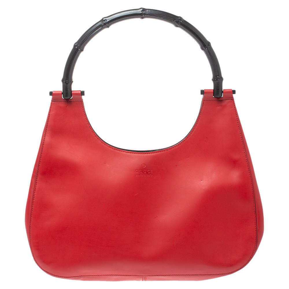 مملوكة مسبقًا Gucci Red Leather Bamboo Handle Hobo