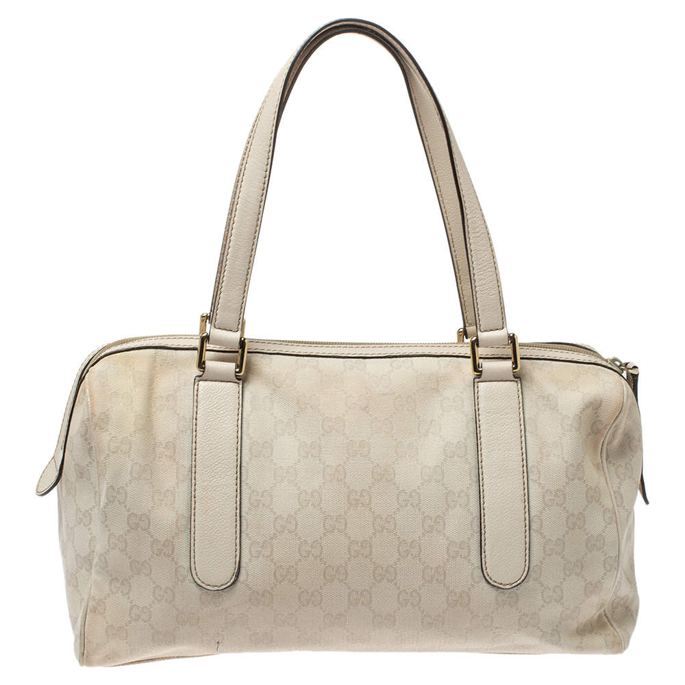 Gucci Ivory GG Canvas and Leather Boston Bag