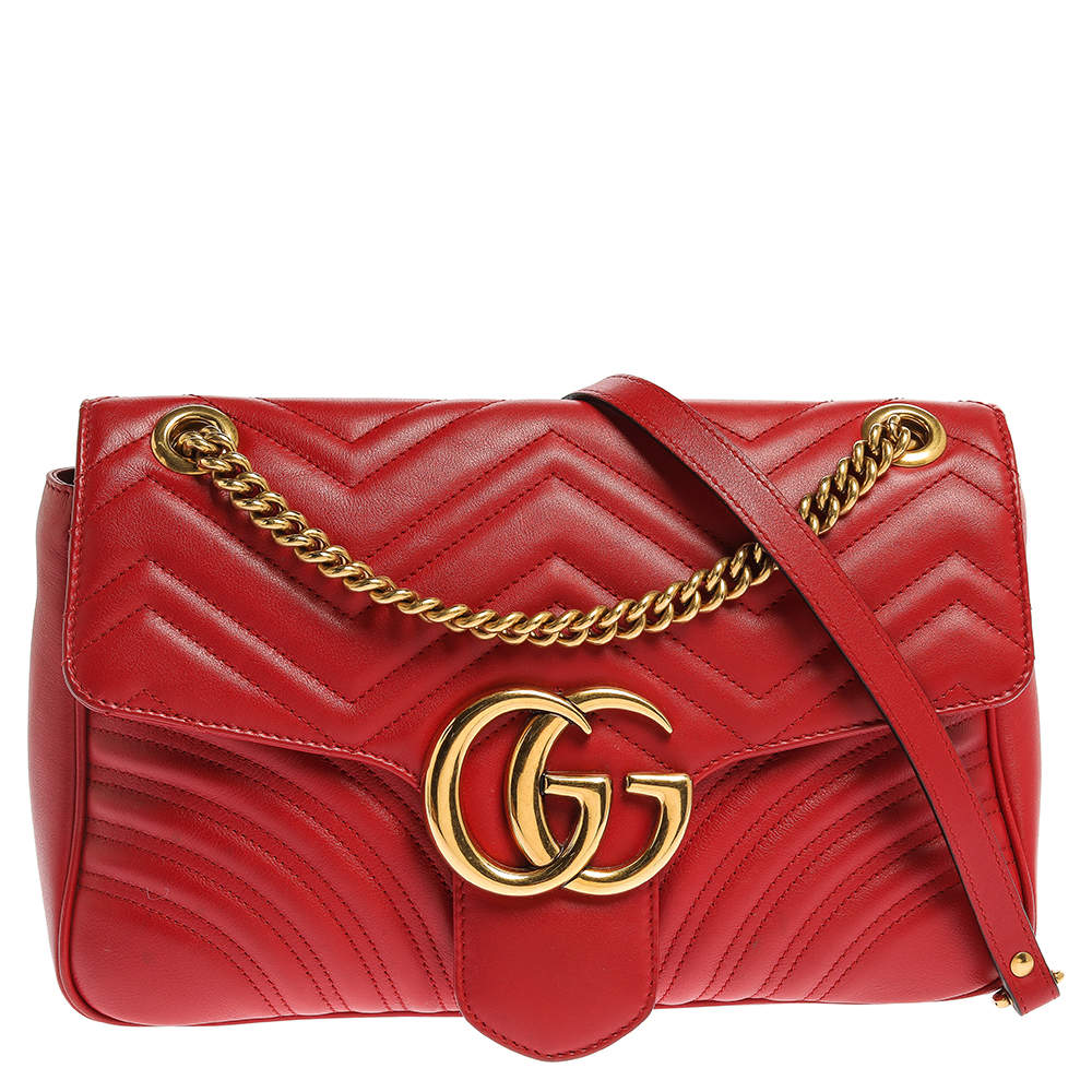 مملوكة مسبقًا Gucci Red Matelasse Leather Medium GG Marmont Shoulder Bag