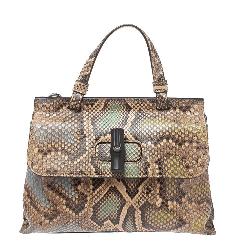 Pre Owned حقيبة غوتشي يد علوية ديلي بامبو صغيرة جلد ثعبان متعددة الألوان