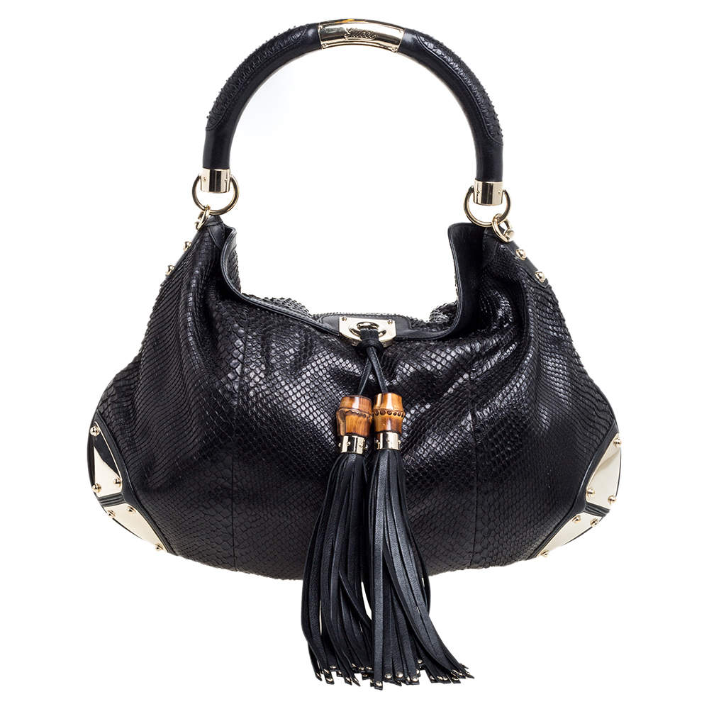 Pre Owned حقيبة هوبو غوتشي أندي بابوسكا كبيرة جلد وجلد ثعبان سوداء