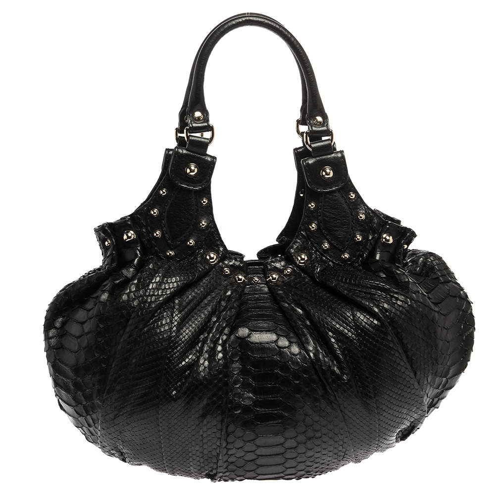 Pre Owned حقيبة هوبو غوتشي مرصعة بلهام صغيرة جلد ثعبان سوداء 