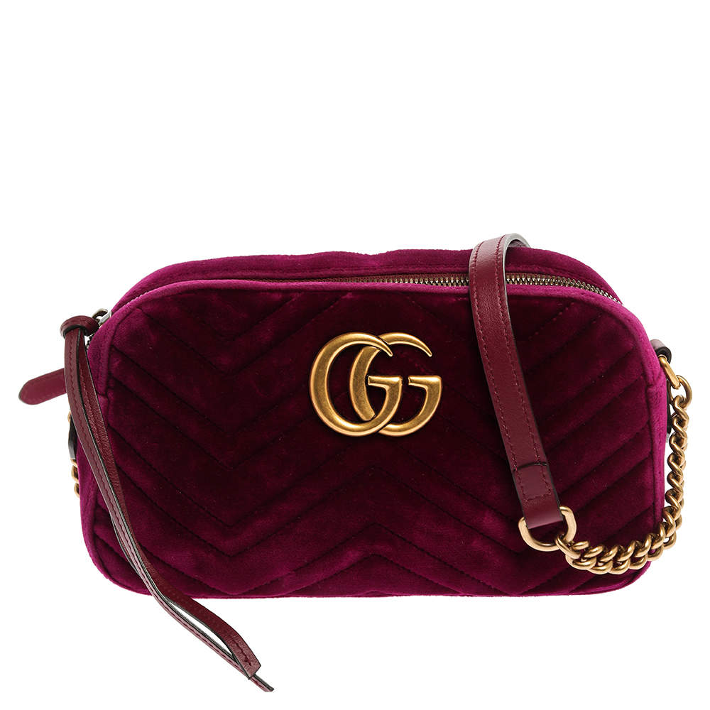 Gucci Magenta Matelasse Velvet Small GG Marmont Shoulder Bag