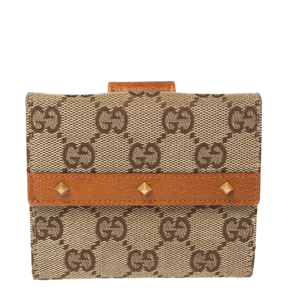 Gucci Beige GG Canvas And Leather French Flap Studded Wallet