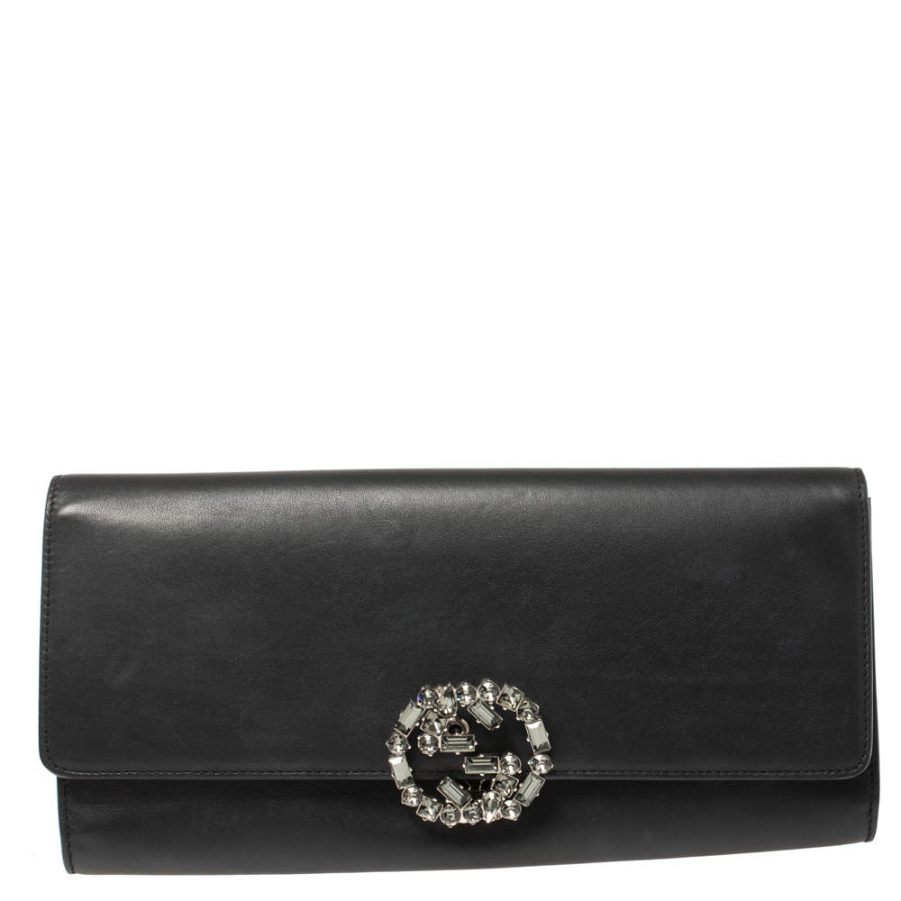 مملوكة مسبقًا حقيبة كلتش غوتشي برودواي جلد سوداء بقفل كريستالي