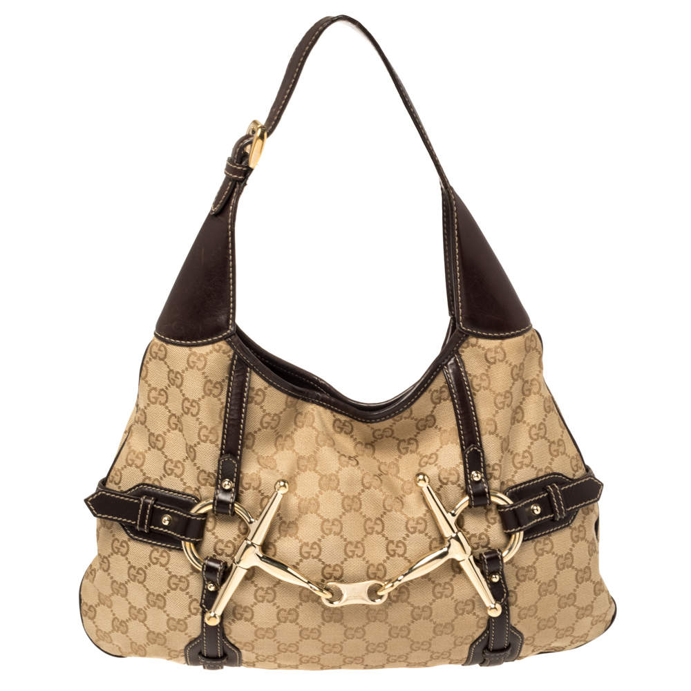 Pre Owned حقيبة هوبو غوتشى أنيفيرسارى 85 th جلد وكانفاس جى جى بنيه / بيج 