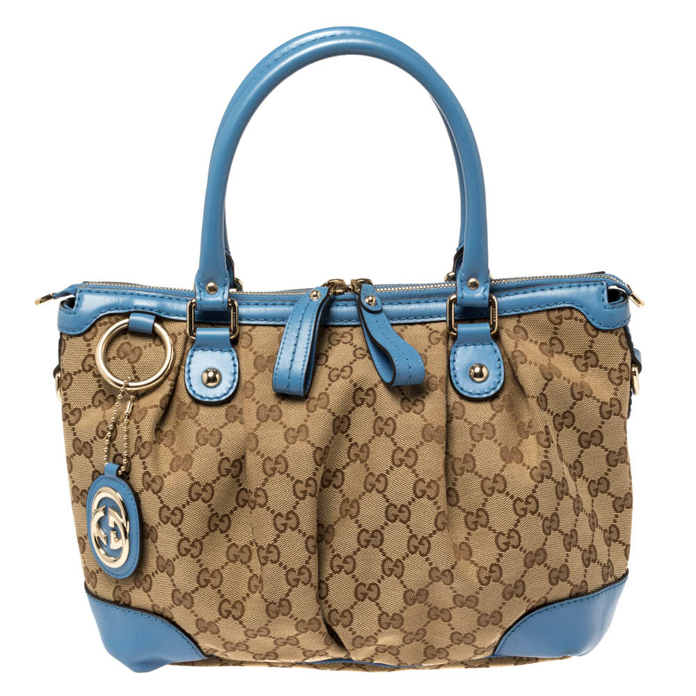 مملوكة مسبقًا Gucci Beige/Blue GG Canvas and Leather Sukey Tote