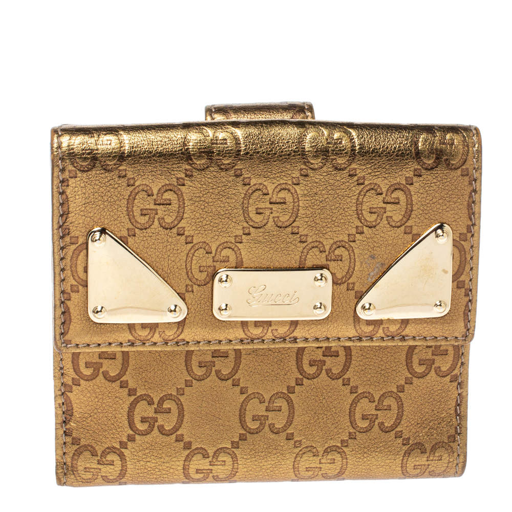 Pre Owned Gucci Metallic Gold Guccissima Leather French Flap Wallet
