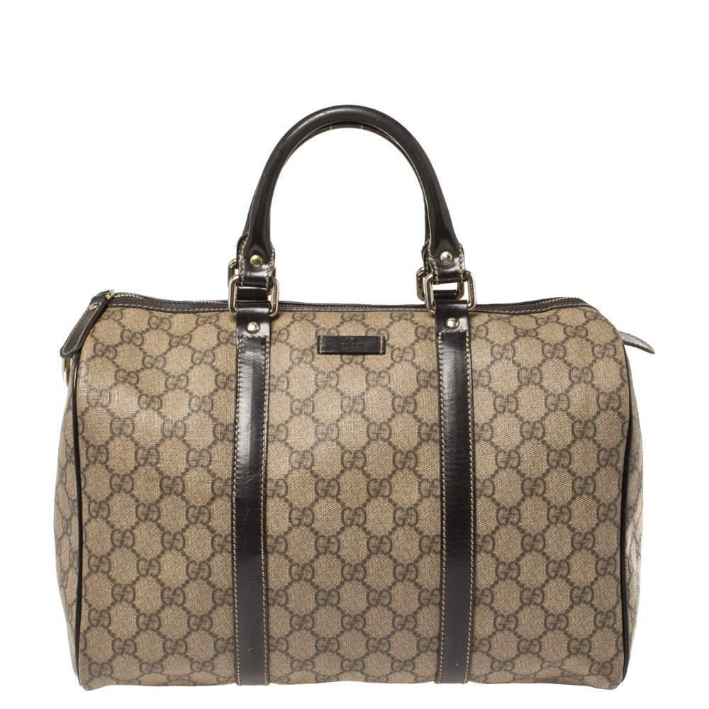 مملوكة مسبقًا Gucci Beige/Brown GG Supreme Canvas and Patent Leather Medium Joy Boston Bag