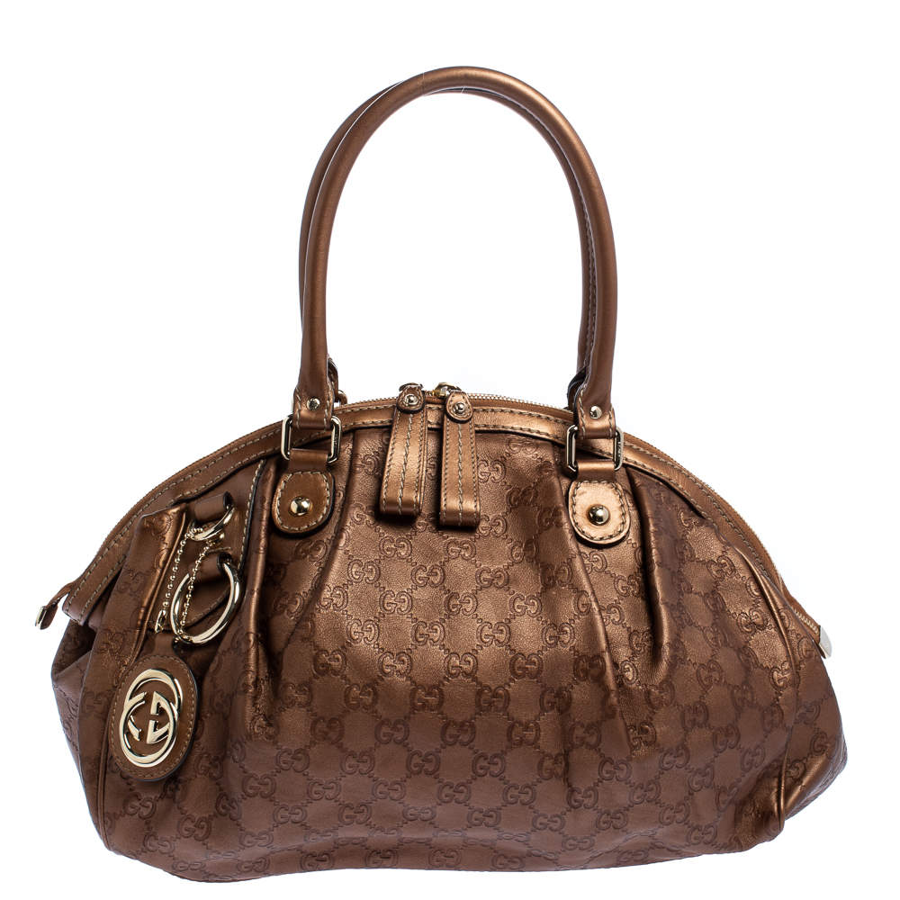 Pre Owned Gucci Bronze Guccissima Leather Medium Sukey Boston Bag