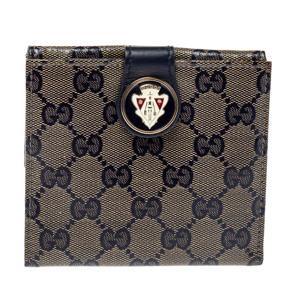 مملوكة مسبقًا Gucci Beige/Blue GG Crystal Coated Canvas and Leather Voyager Wallet