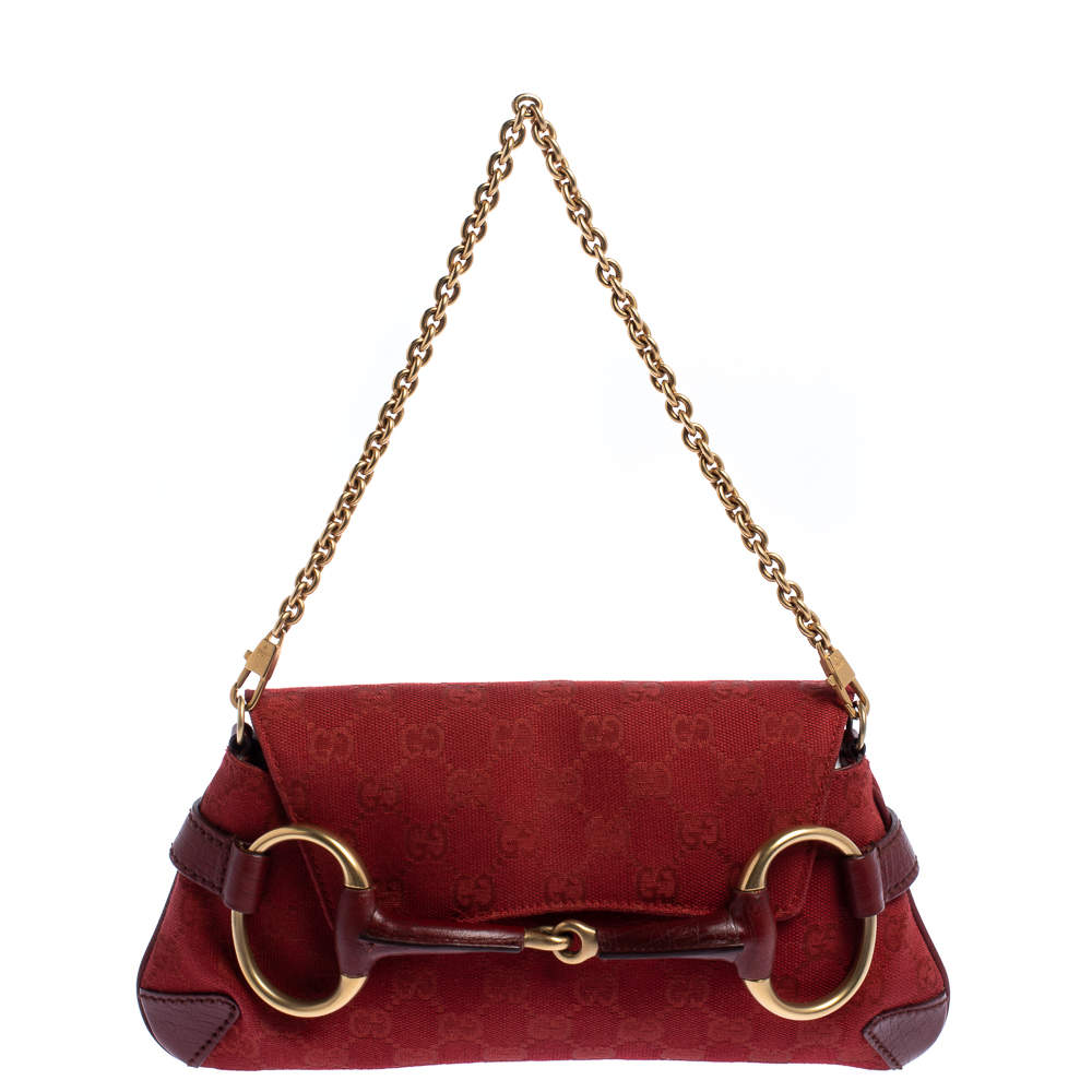 Pre Owned Gucci Red Canvas and Leather Horsebit Shoulder Bag
