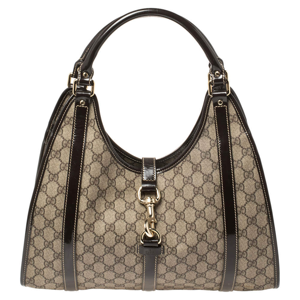 مملوكة مسبقًا Gucci Dark Brown/Beige GG Supreme Canvas and Patent Leather Joy Bardot Shoulder Bag