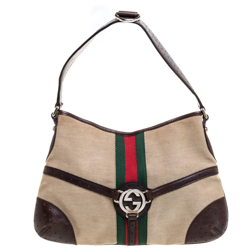 Gucci Brown/Beige Perforated Leather and Canvas Reins Hobo