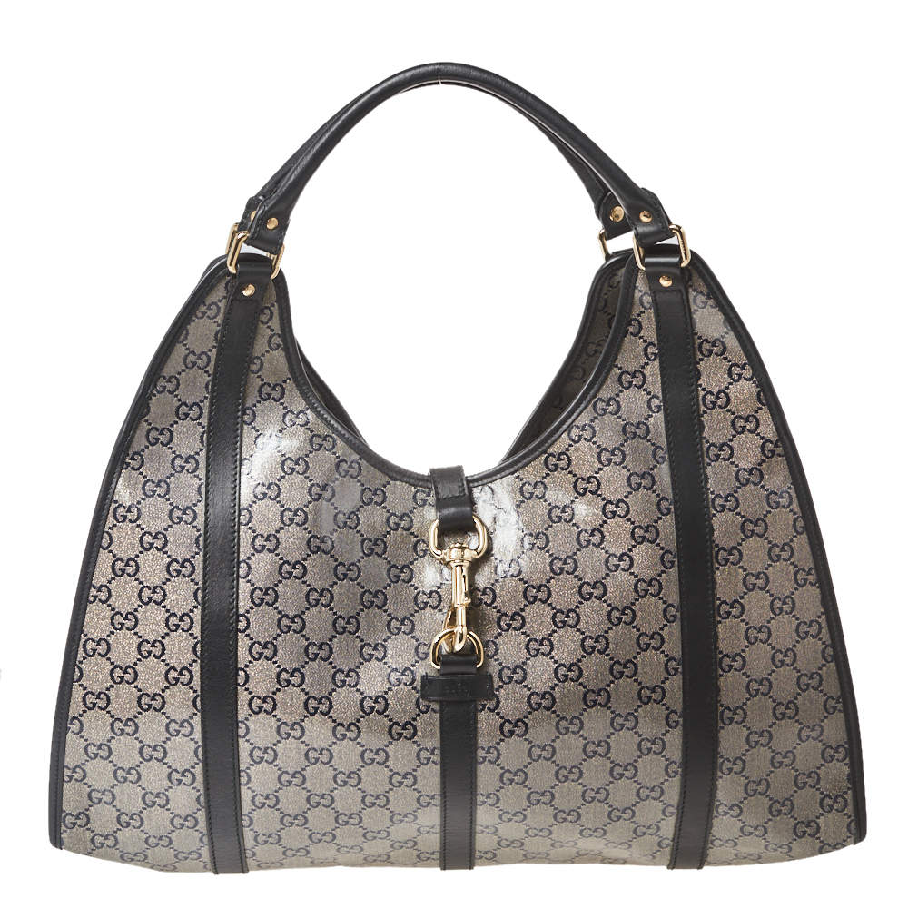 Gucci Grey/Black GG Crystal Canvas and Leather Large Bardot Joy Tote