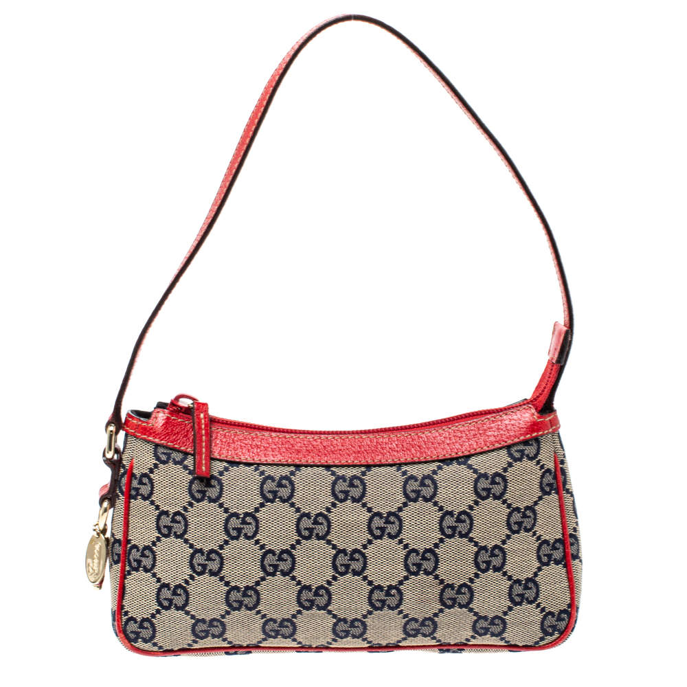 Pre Owned Gucci Red/Beige GG Canvas and Leather Charm Pochette Bag