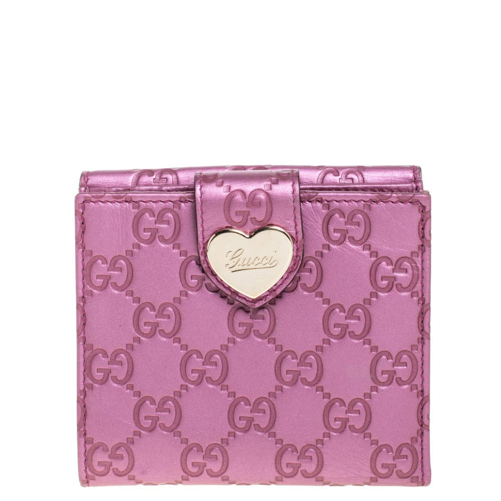 مملوكة مسبقًا Gucci Metallic Pink Guccissima Leather Heart French Flap Wallet