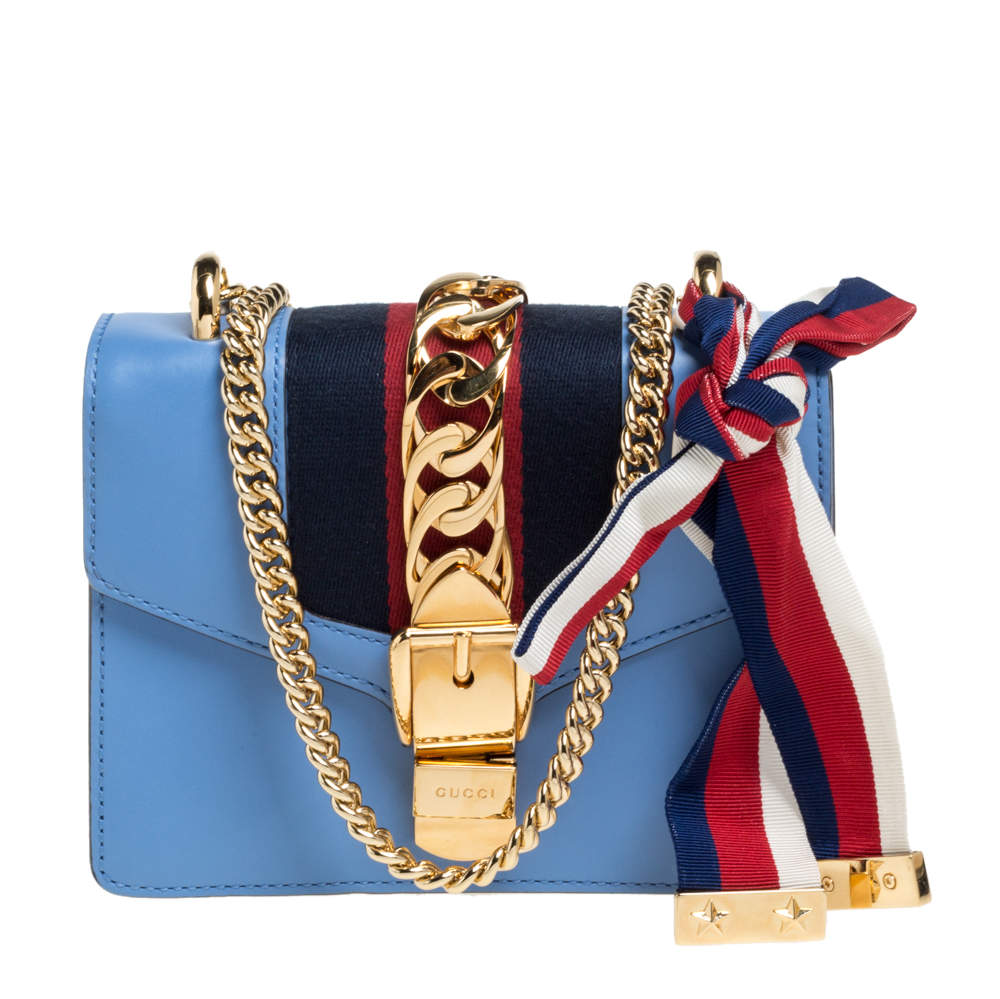 Gucci Blue Leather Mini Web Chain Sylvie Shoulder Bag