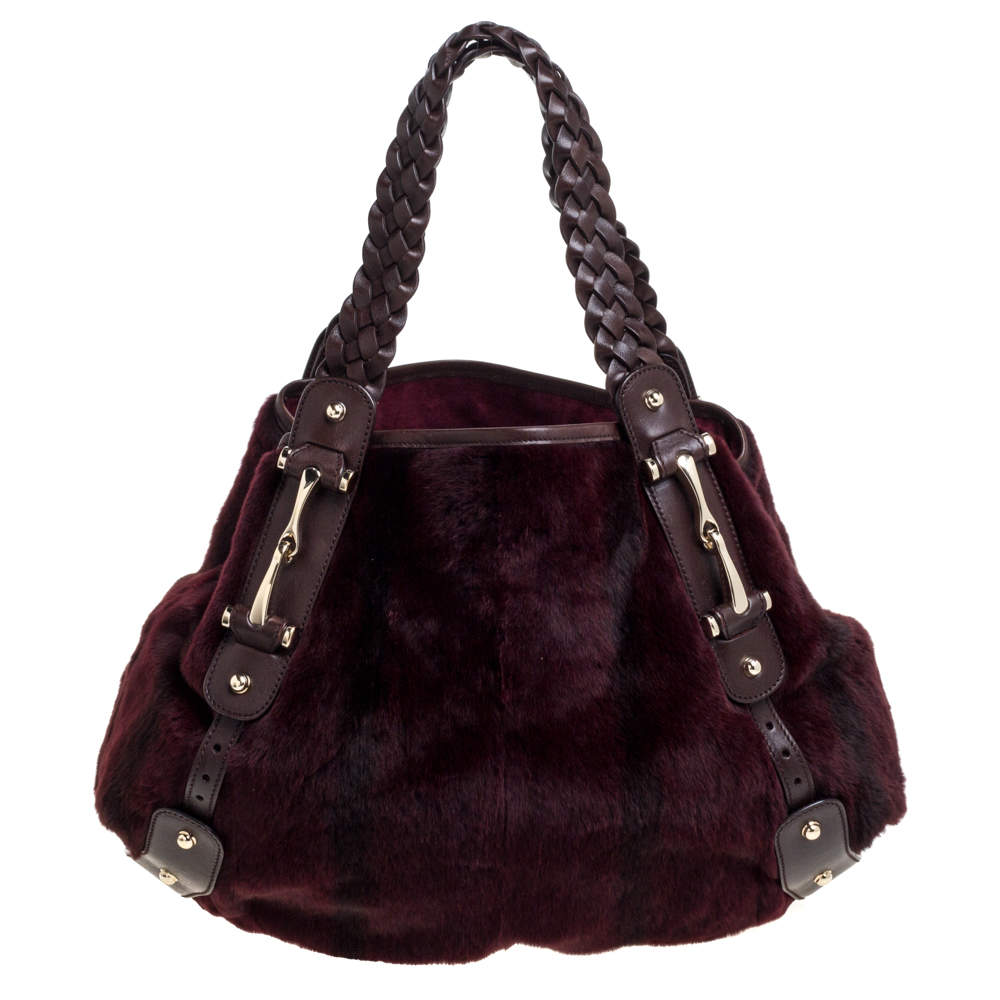 Pre Owned Gucci Burgundy/Brown Mink Fur and Leather Pelham Shoulder Bag