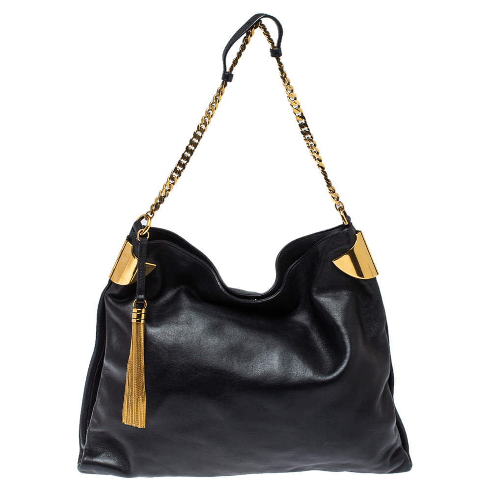 Pre Owned Gucci Black Leather 1970 Tassel Chain Hobo