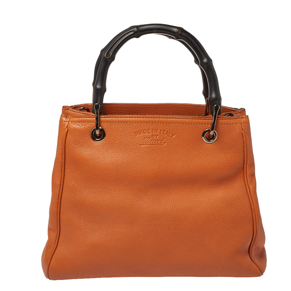 Pre Owned Gucci Orange Leather Small Bamboo Shopper Tote 